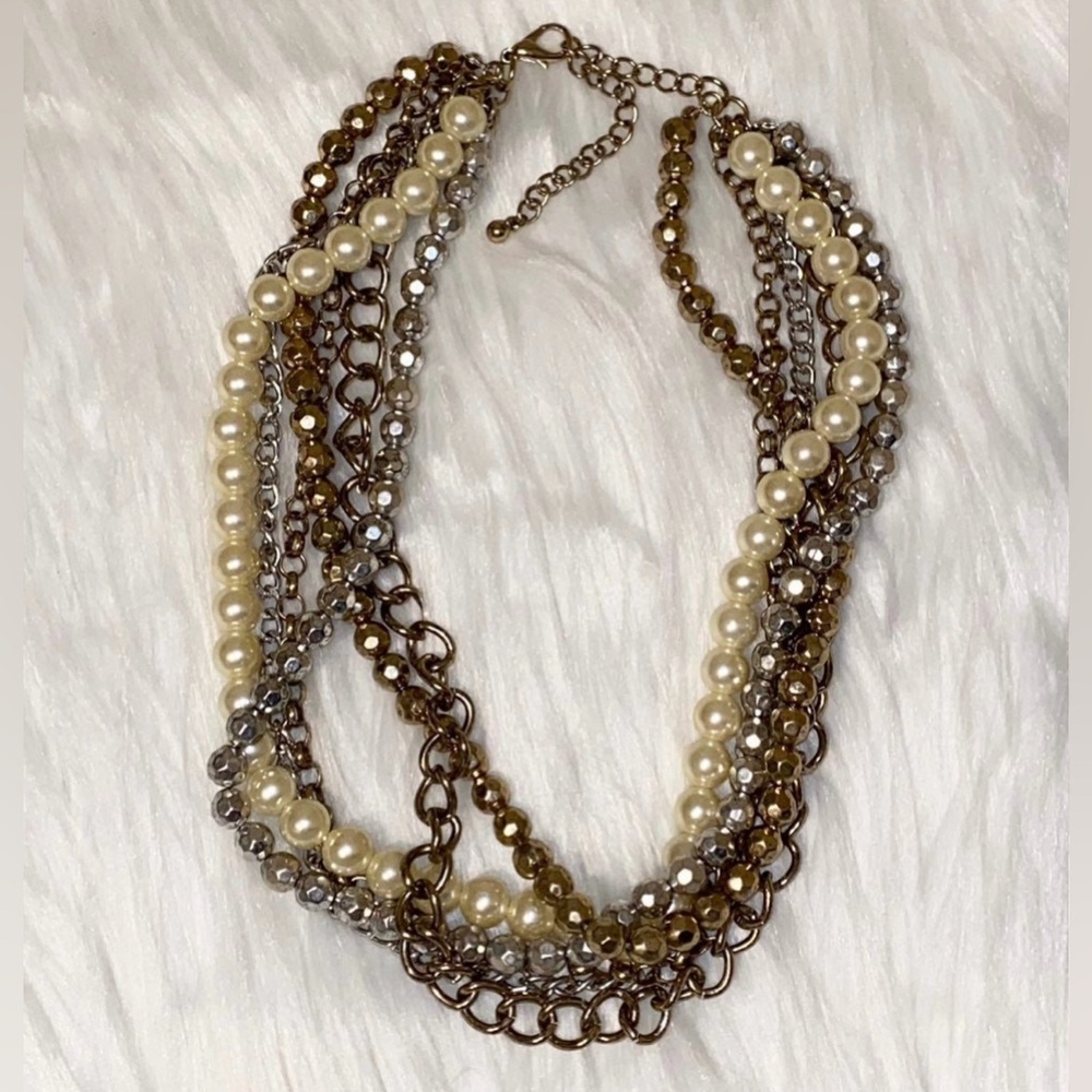 NWT Premier Designs Classic Mixed Silver Gold Chain White Pearl Layered Necklace